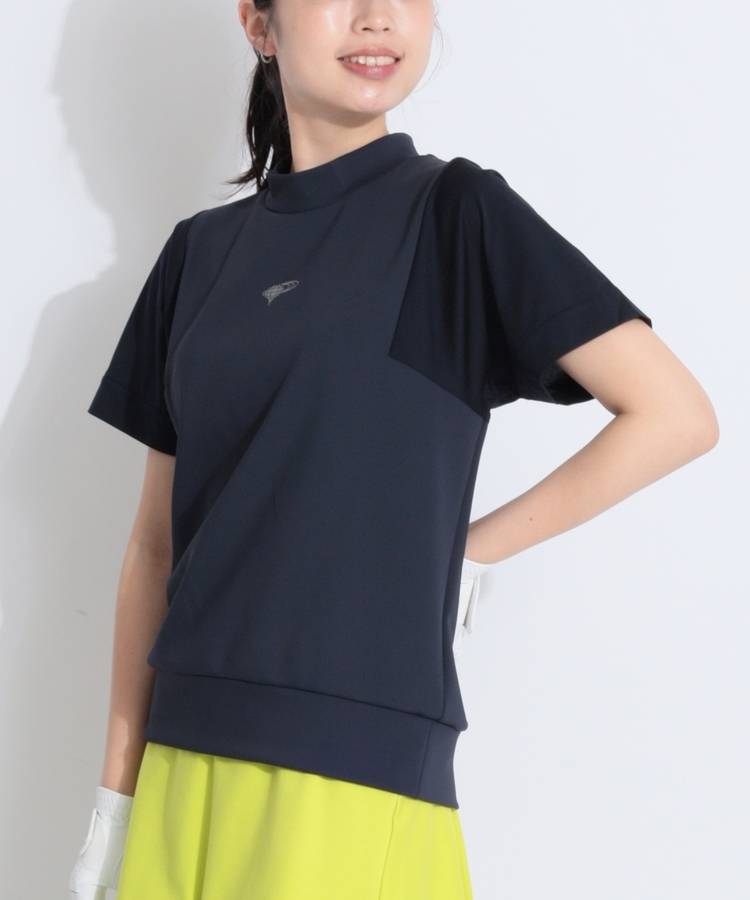 BE 【冷感ストレッチ】シアースリーブ切替モックネック半袖カットソー