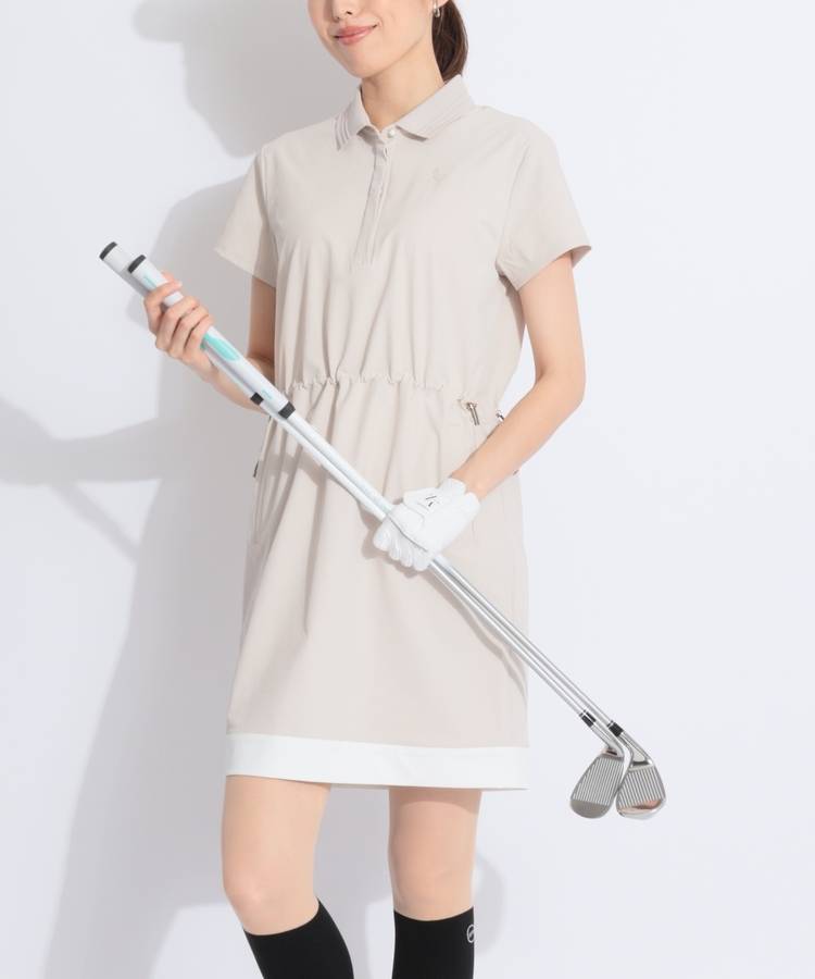 JR 【防透ストレッチ】ウエストドロスト半袖ポロワンピース
