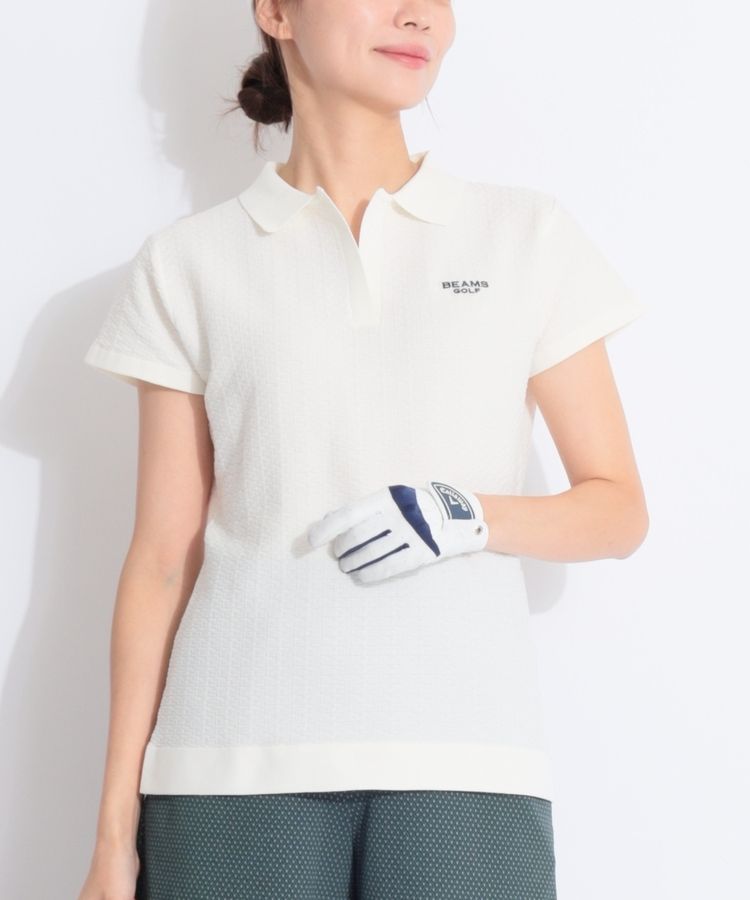 BEAMS GOLF ビームスゴルフ ポロシャツ 半袖 レディース Sサイズ ビームスゴルフ BE 幾何学柄タック編みニット半袖ポロシャツ