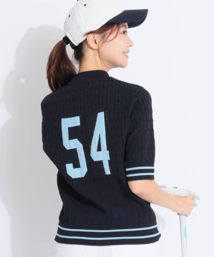 JB バックロゴケーブル編みモックネック半袖ニット
