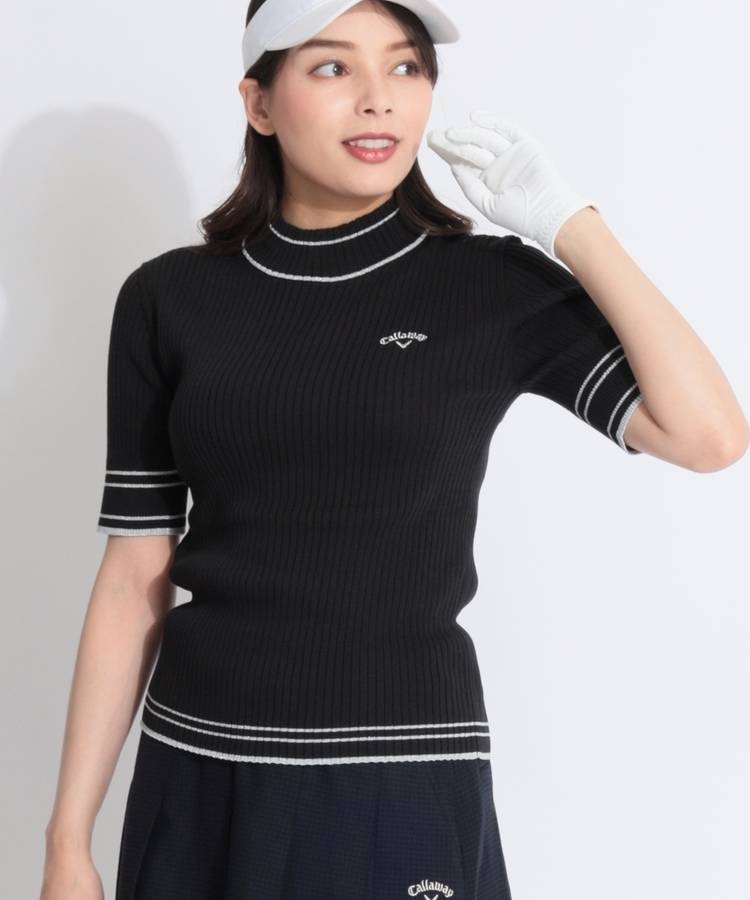 CA ラメライン切替モックネック半袖リブニット