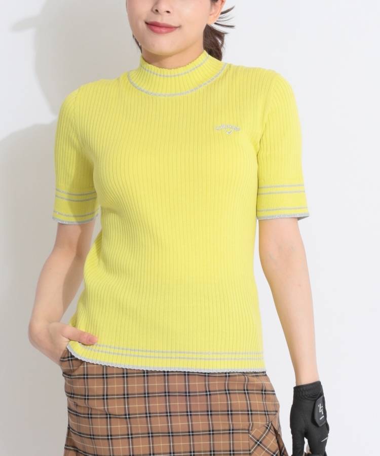 CA ラメライン切替モックネック半袖リブニット