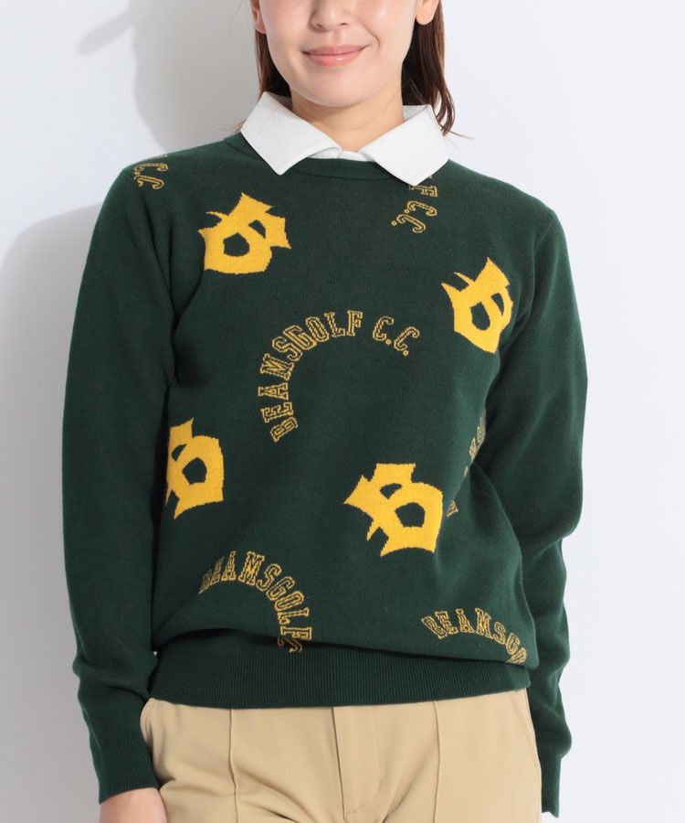 ビームスゴルフ BE ジャガードロゴ柄クルーネックニット