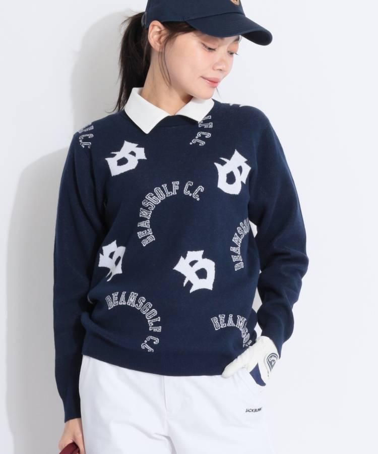 BE ジャガードロゴ柄クルーネックニット