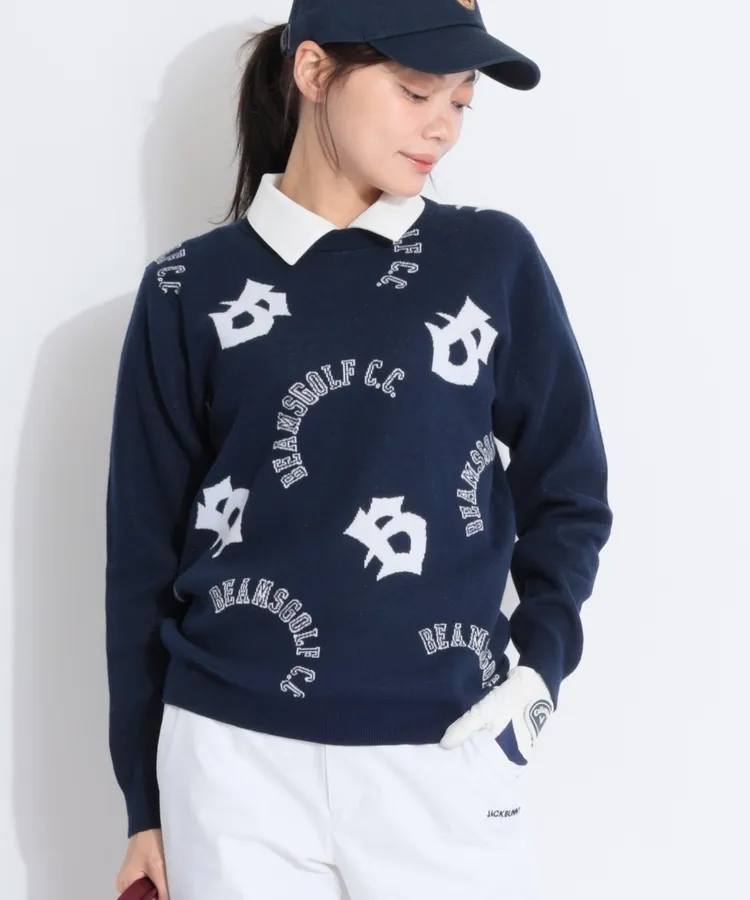 BE ジャガードロゴ柄クルーネックニット