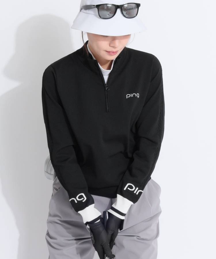 PN 【CP対象品番】【速乾ストレッチ】スリーブロゴハーフジップハイネックニット
