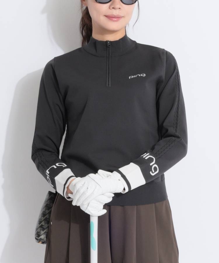 PN 【CP対象品番】【速乾ストレッチ】スリーブロゴハーフジップハイネックニット