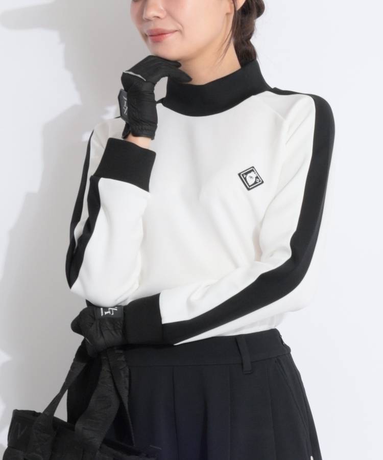 VI 【ストレッチ】バックプリントバイカラー切替モックネック長袖カットソー