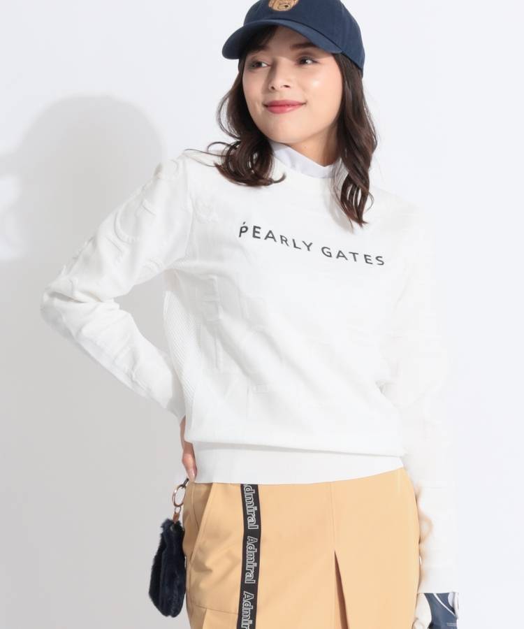 PG サイドメッシュ切替ロゴ総柄クルーネックニット