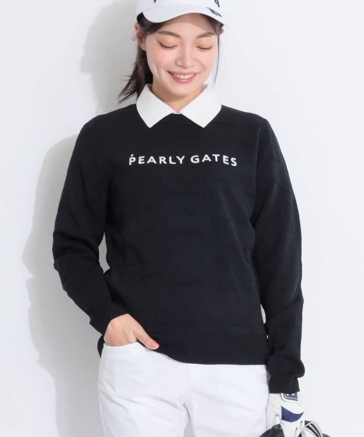 PG サイドメッシュ切替ロゴ総柄クルーネックニット
