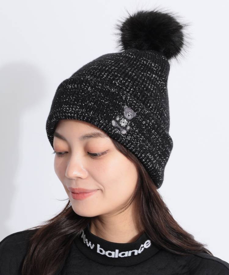 SA ポンポン付きベア刺繍ラメニット帽
