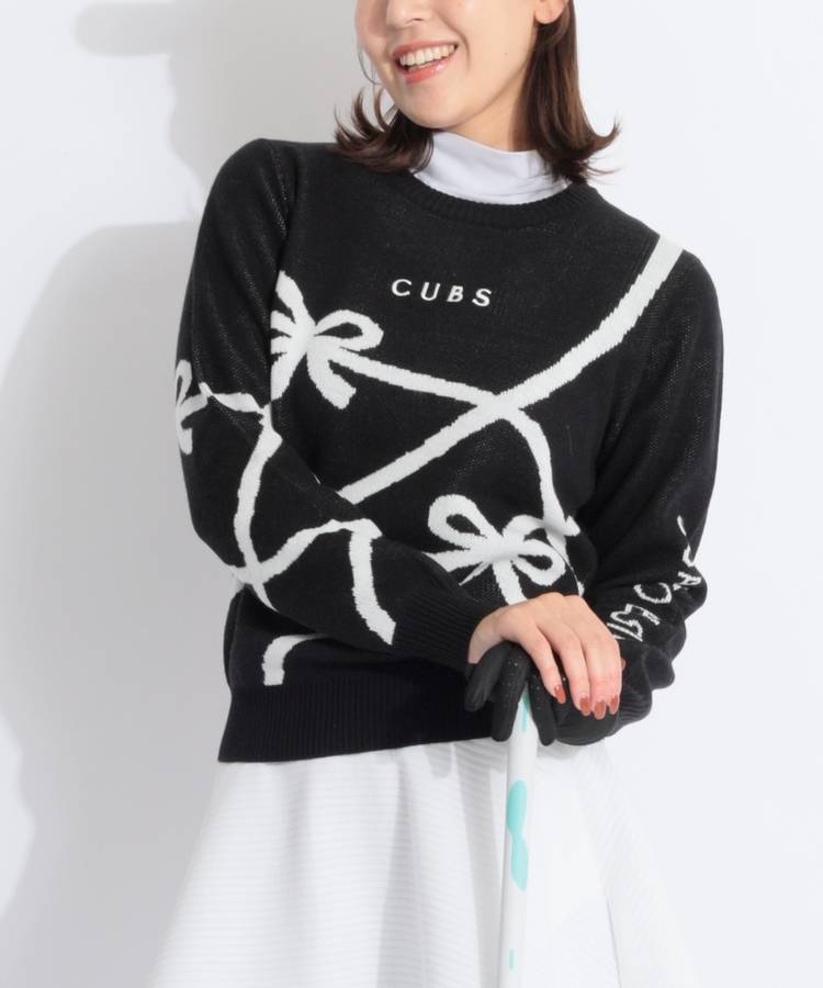 CU リボン柄ジャガードクルーネックニット