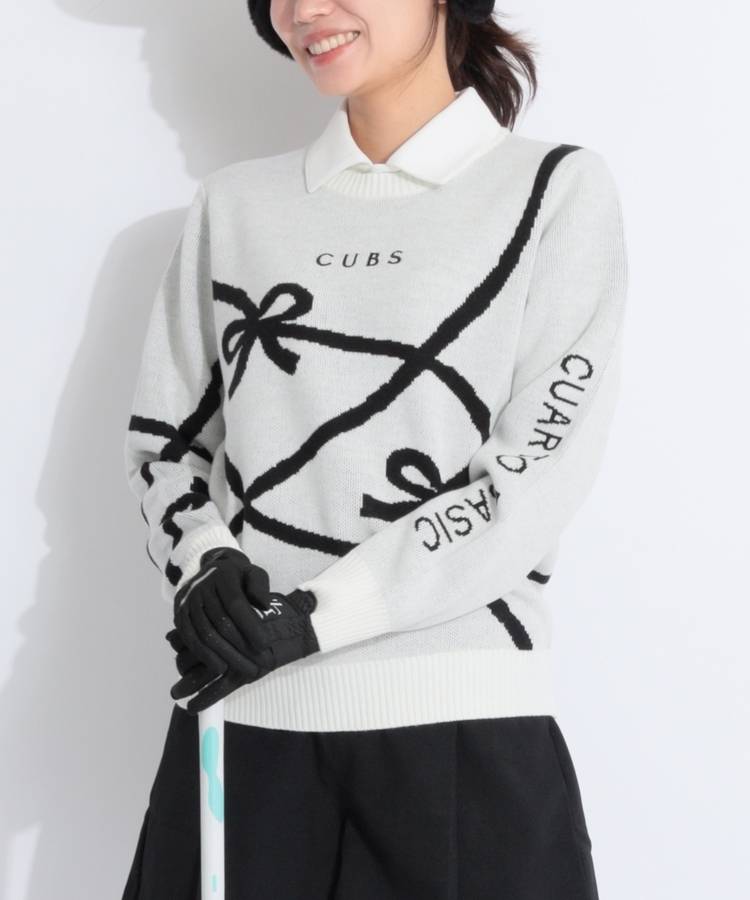 CU リボン柄ジャガードクルーネックニット