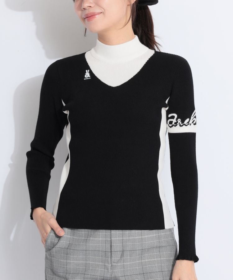 アルチビオ AR スリーブロゴVライン切替モックネックリブニット