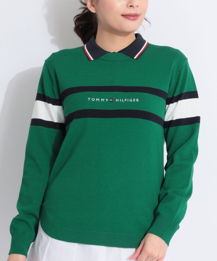 トミーヒルフィガーゴルフ TH マルチボーダー柄ラウンドヘムクルー