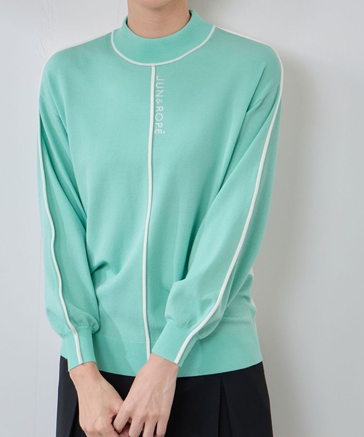 配色ラインパフスリーブモックネックニット