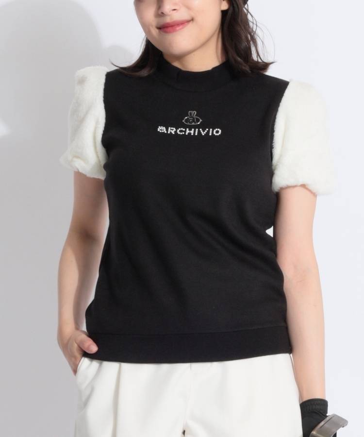 AR パフスリーブモックネックニットカットソー