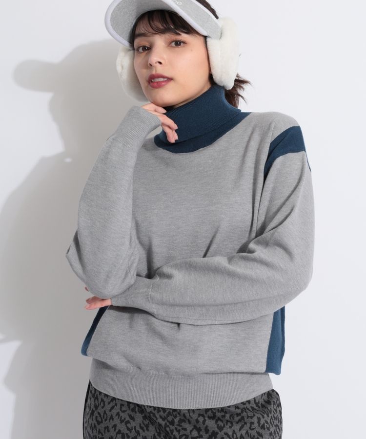 【保温ストレッチ制電】バイカラータートルネックニット