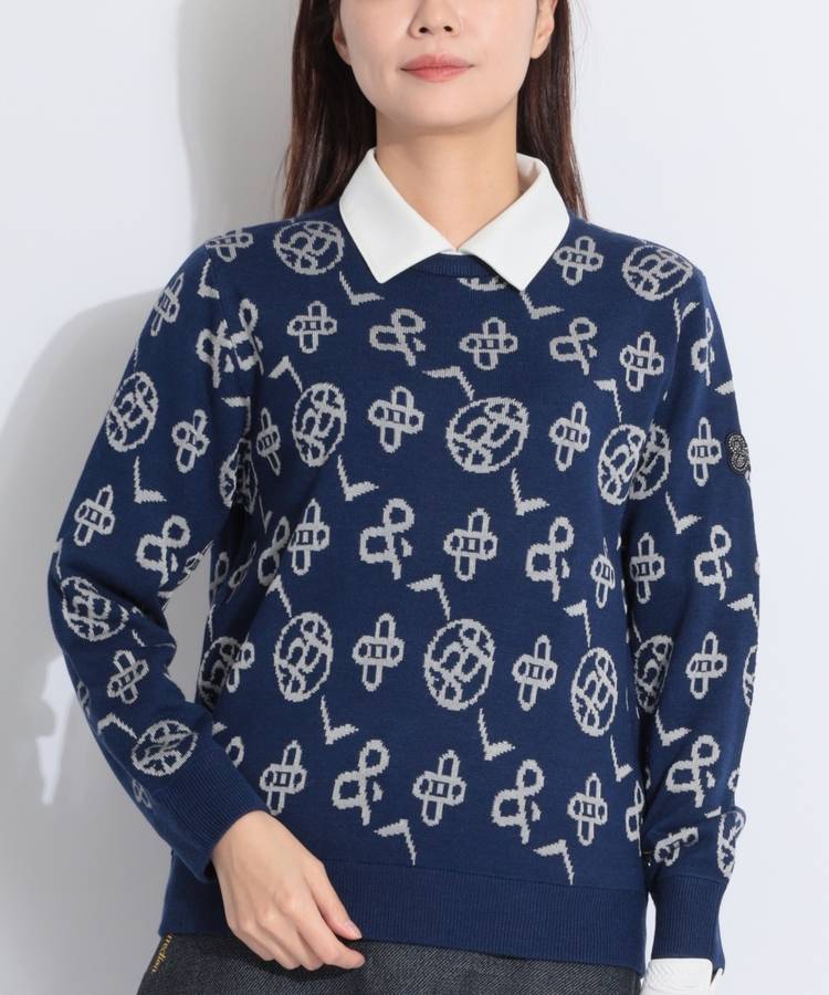 AP 【ネイビーエディション】【保温】総柄ジャガードクルーネックニット