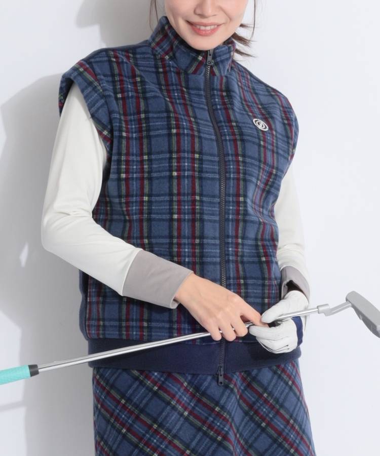 DL チェック柄フリーススタンドネックベスト