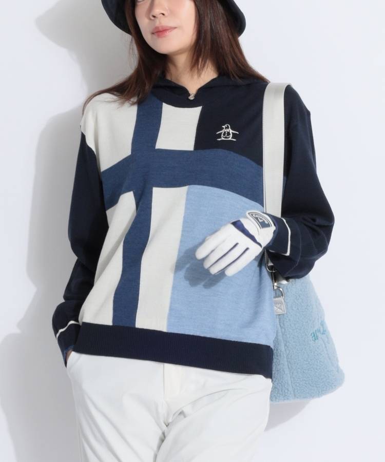 MW 【手洗い可能】フーディライナー付き配色クルーネックニット