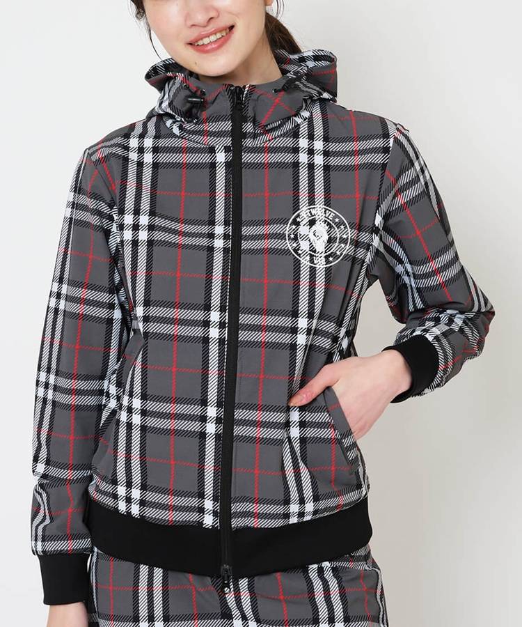VI 【撥水ストレッチ】タータンチェックフーディーブルゾン