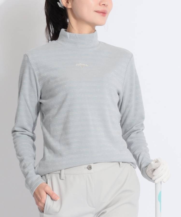 CA 【保温】ラメボーダー柄モックネック長袖カットソー