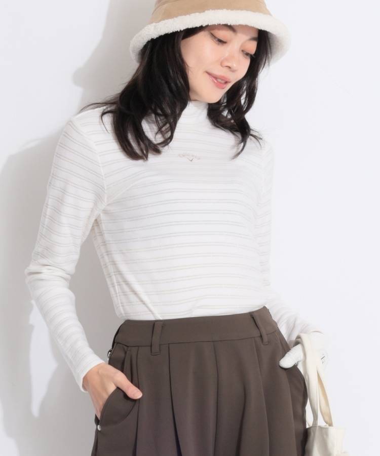 CA 【保温】ラメボーダー柄モックネック長袖カットソー