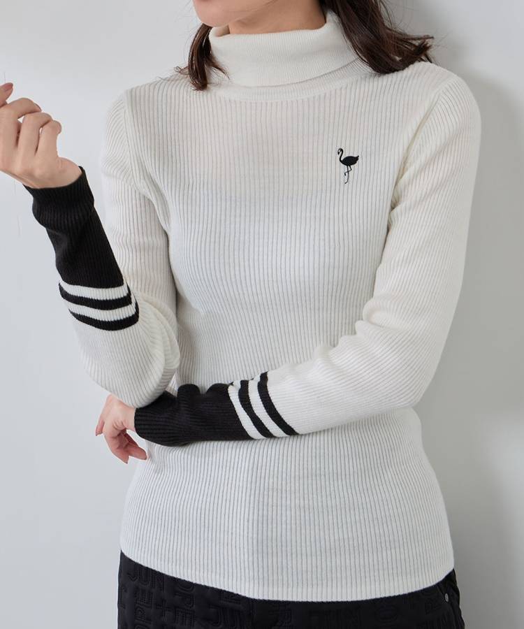 JR バイカラー切替タートルネックリブニット