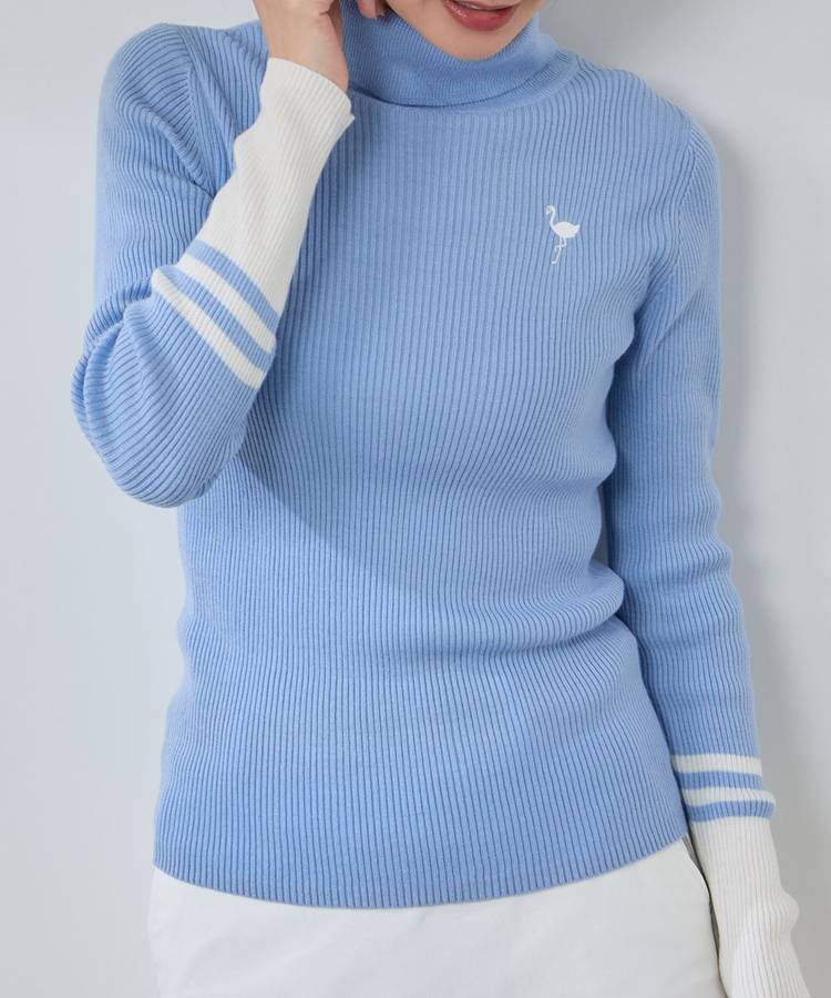JR バイカラー切替タートルネックリブニット