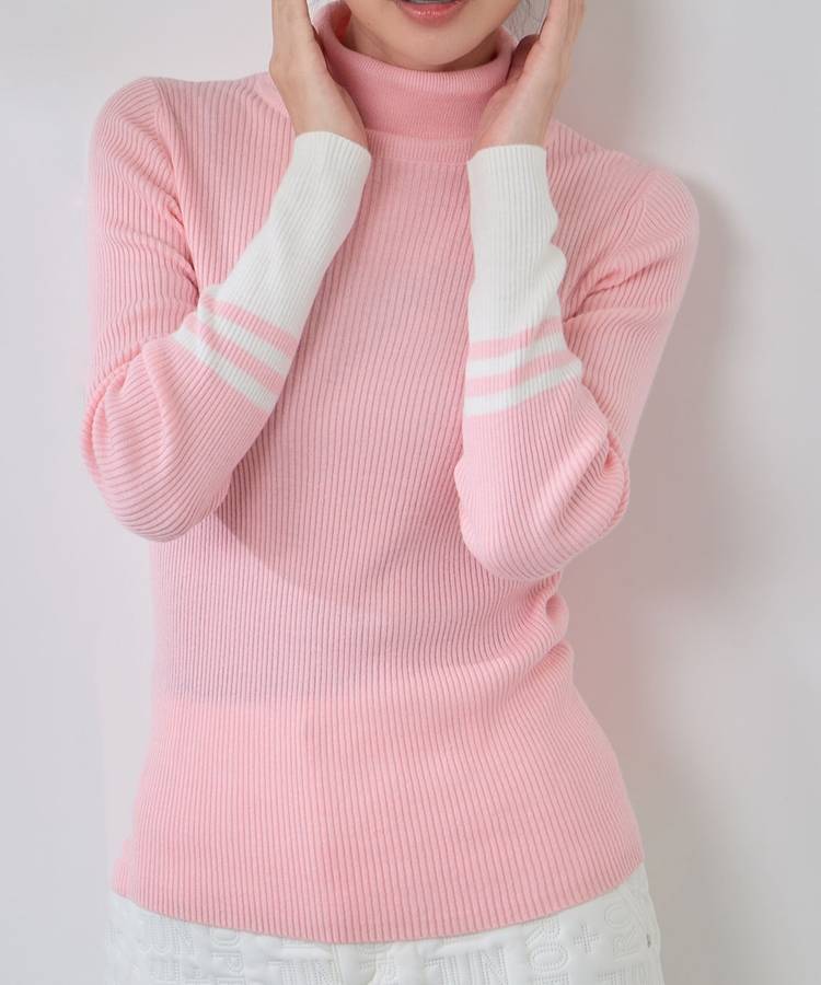 JR バイカラー切替タートルネックリブニット