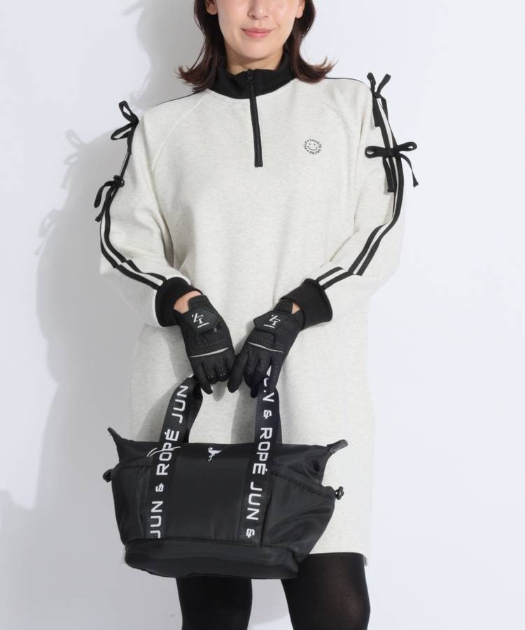 CU バックプリントハーフジップリボンスリーブワンピース