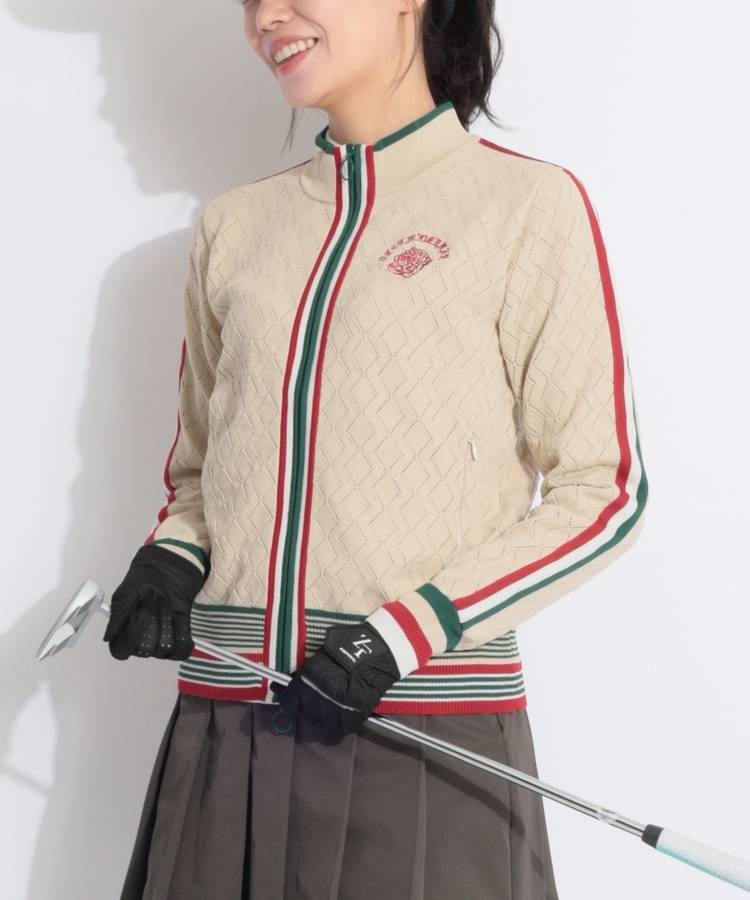 DM 配色ラインダイヤ柄ニットブルゾン