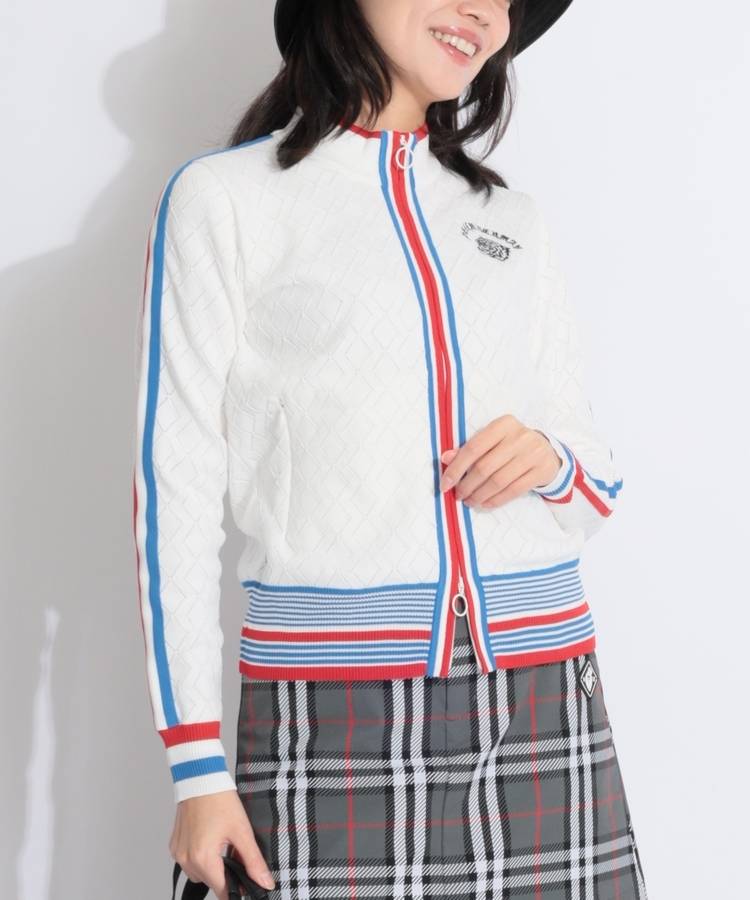 DM 配色ラインダイヤ柄ニットブルゾン