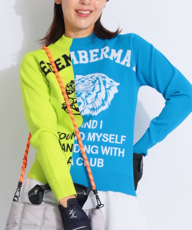 DM ジャガードロゴバイカラーモックネックニット