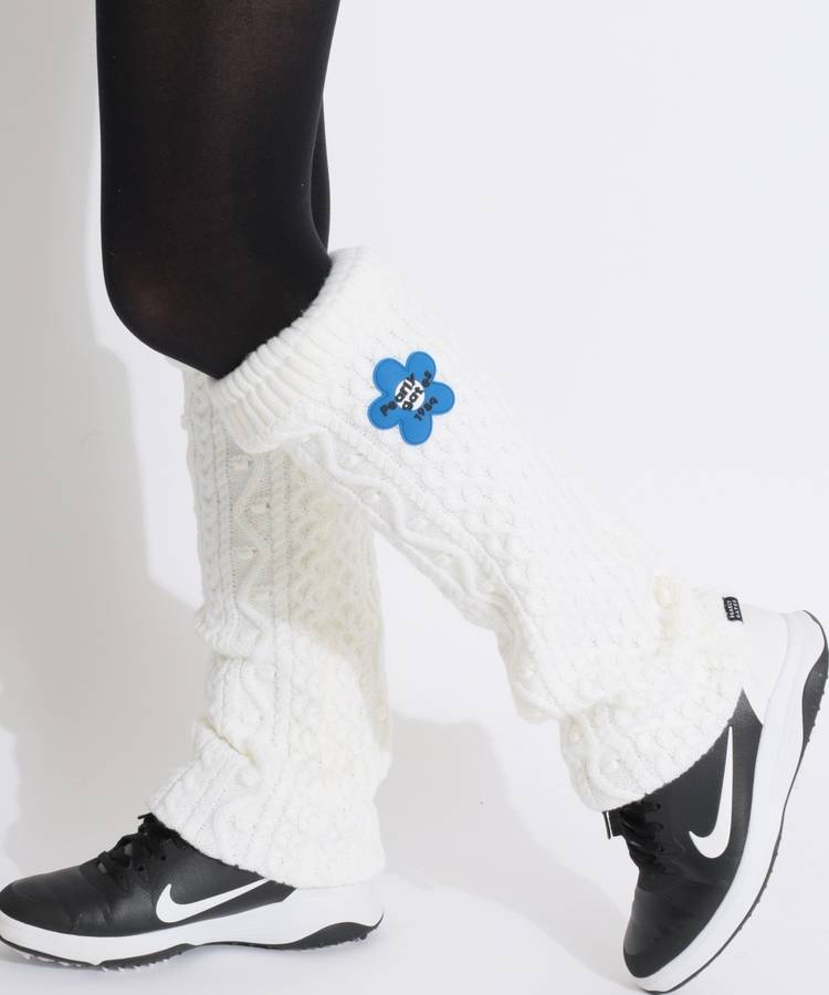 PG フラワーワッペンアラン編みニットレッグウォーマー