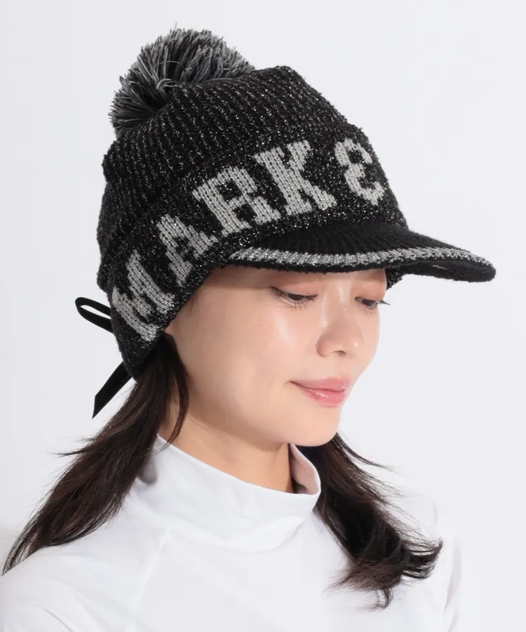 マーク＆ロナ ML ポンポン付きバックリボンラメ混ニットキャップ