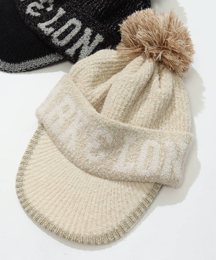 ML ポンポン付きバックリボンラメ混ニットキャップ