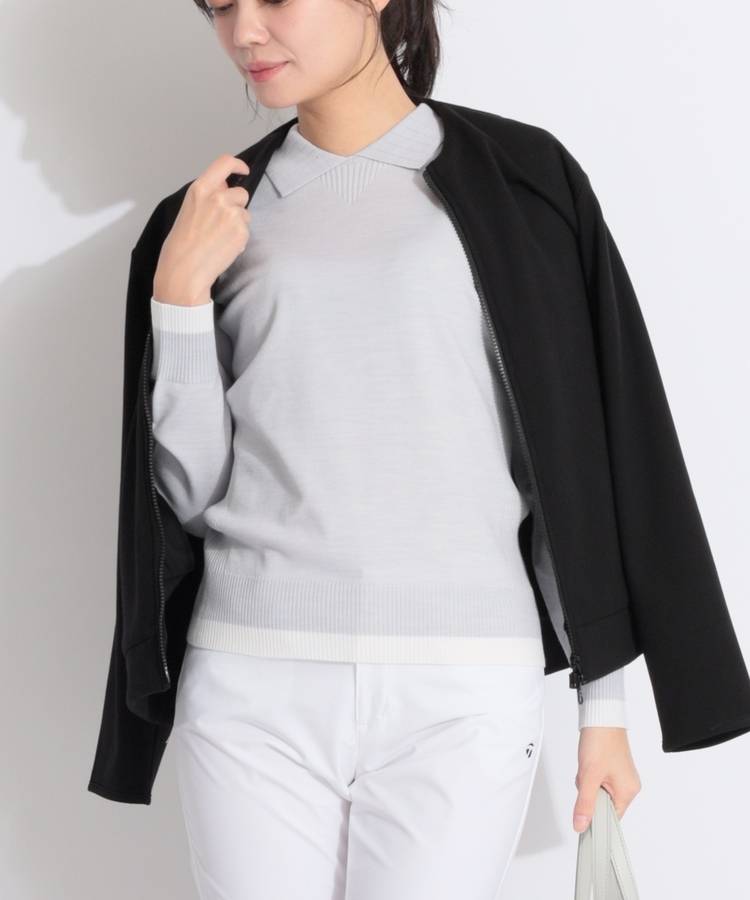 DE 【手洗い可能】バイカラーライン襟付きウール混ニット