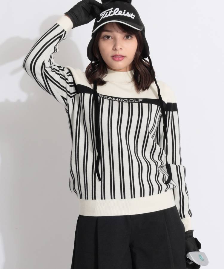 BE ジャガードストライプモックネックニット