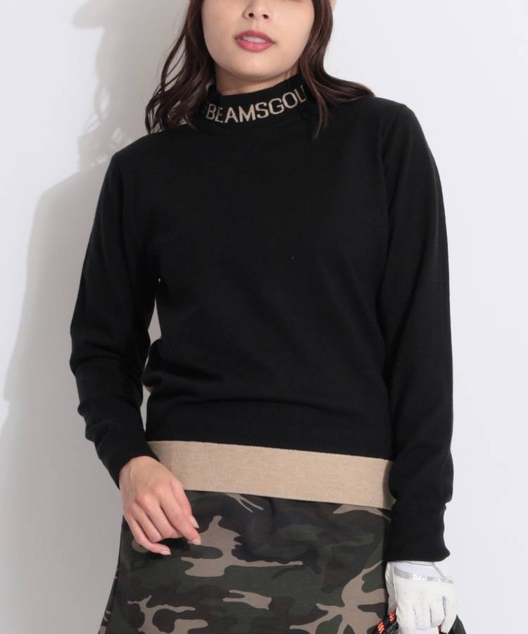 BE 【ストレッチ防風】バイカラー切替ネックロゴ裏地付きニットプルオーバー