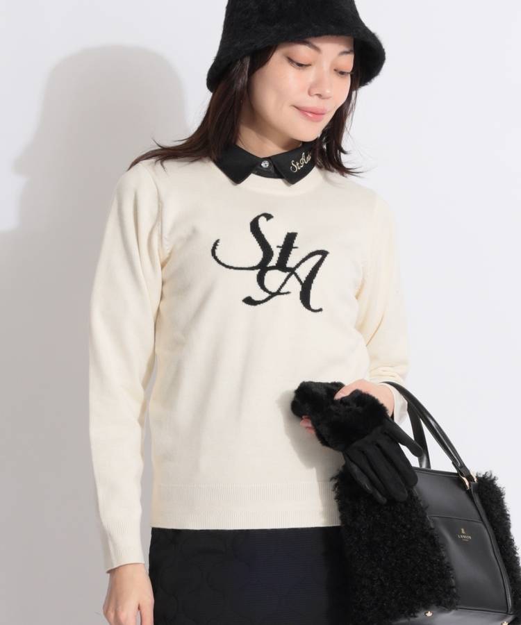 SA STAロゴインターシャ編みクルーネックニット
