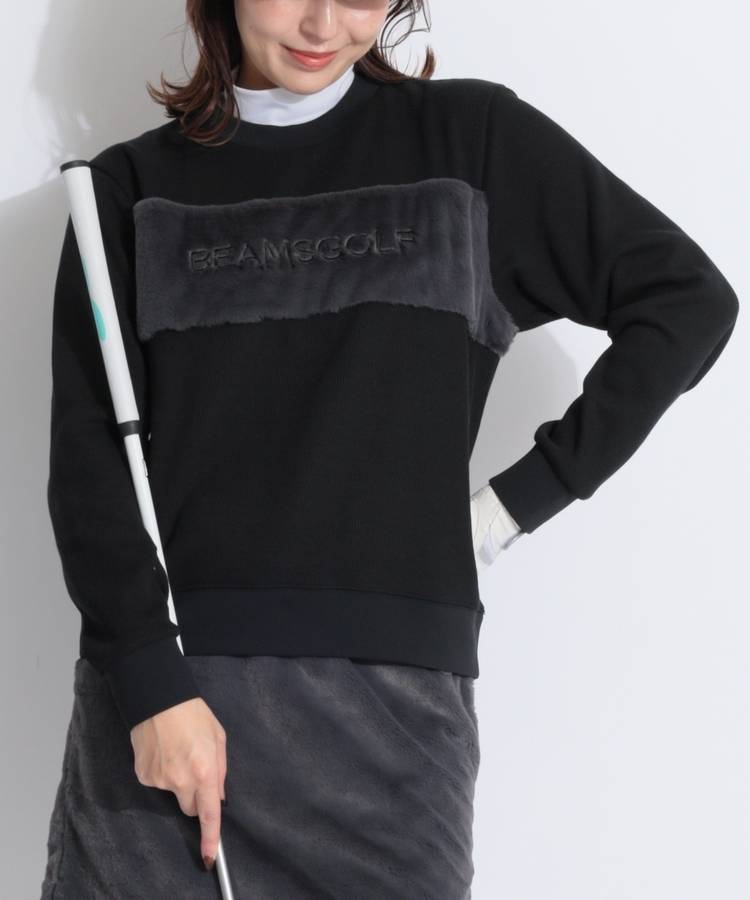 BE ファー切替エンボスロゴ裏起毛ジャガードプルオーバー