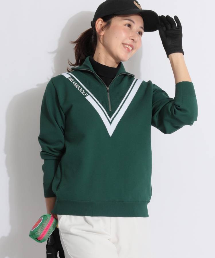 BE デコルテメッシュハーフジップニットプルオーバー