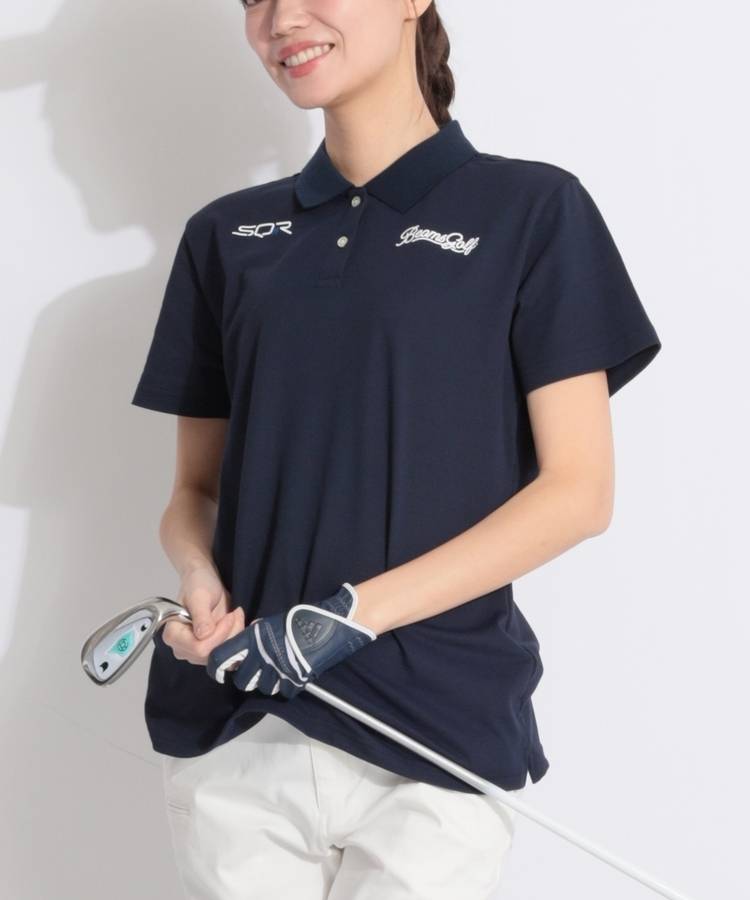 BE 【ストレッチUV】ロゴプリント鹿の子半袖ポロシャツ