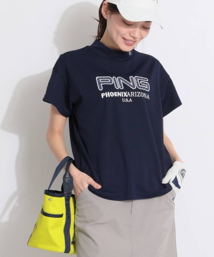 PN 【速乾】アップリケ鹿の子モックネック半袖カットソー