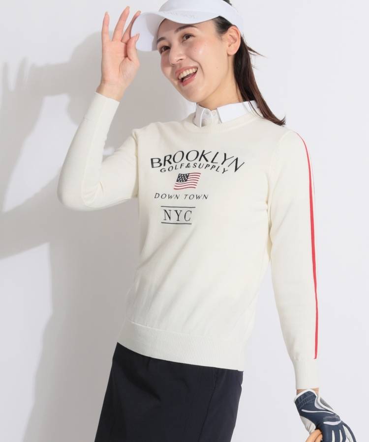 BE スリーブラインロゴ刺しゅうクルーネックニット