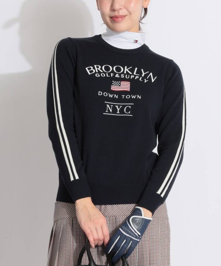 BE スリーブラインロゴ刺しゅうクルーネックニット