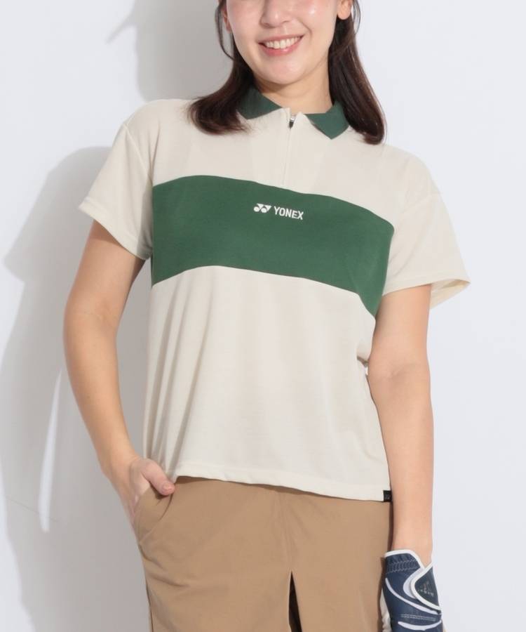 YX 【涼感】ワイドボーダーハーフジップ半袖ポロシャツ