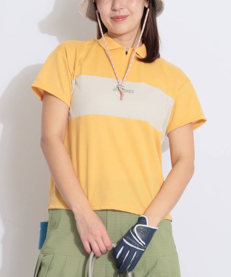YX 【涼感】ワイドボーダーハーフジップ半袖ポロシャツ